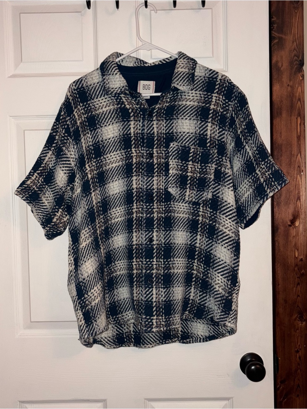 BDG Navy and White Short-Sleeve Plaid Button-Down Shirt